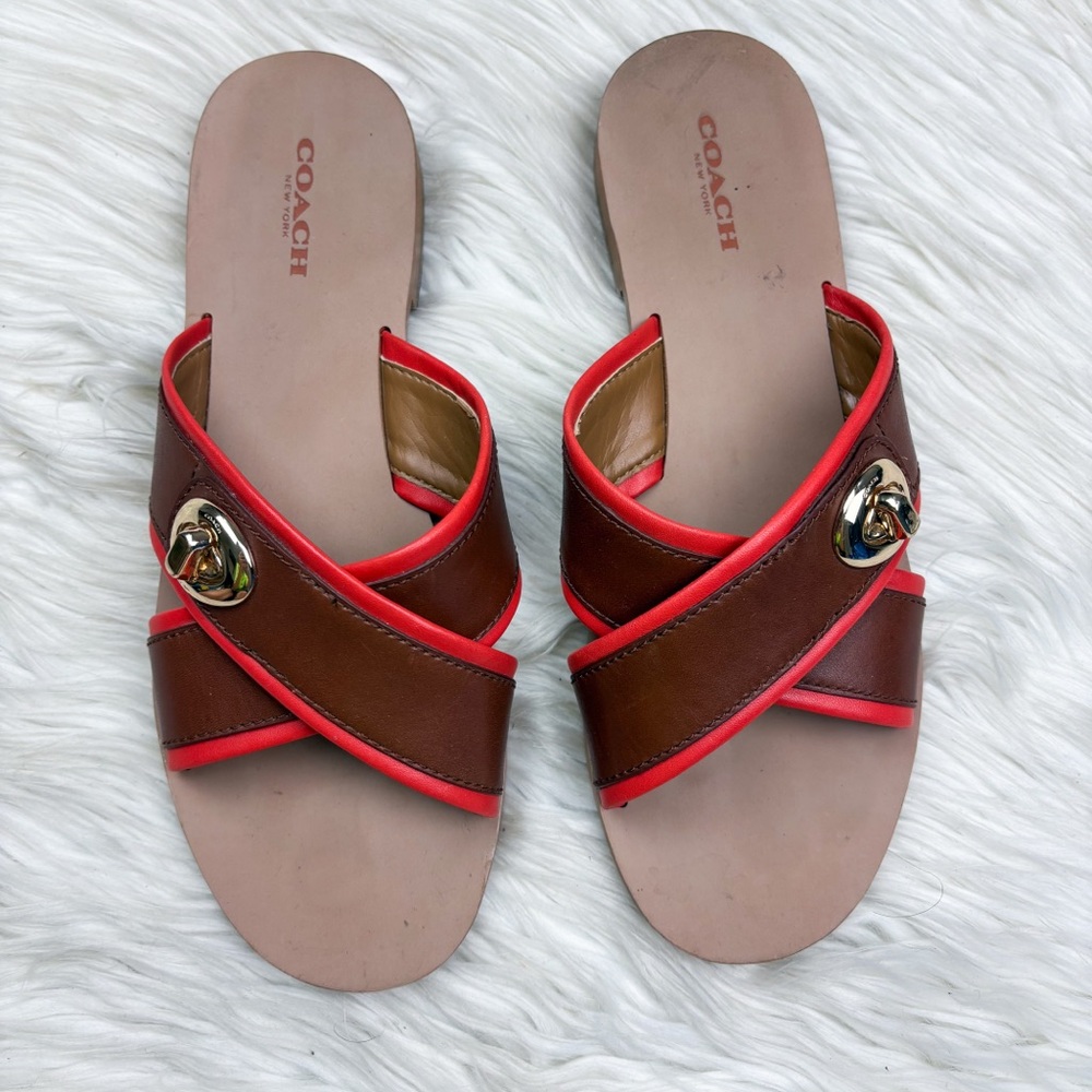 Coach Coral Turnlock Leather Slides Criss Cross Sandals Brown Orange Size 7.5 - Picture 3 of 8